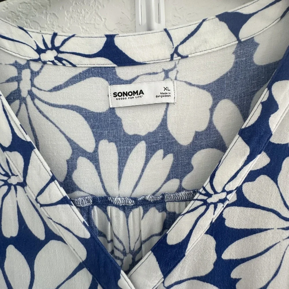 Sonoma Dress Womens XL Blue White Floral Button‎ Front Rayon Linen Cottage Boho - Picture 4 of 12